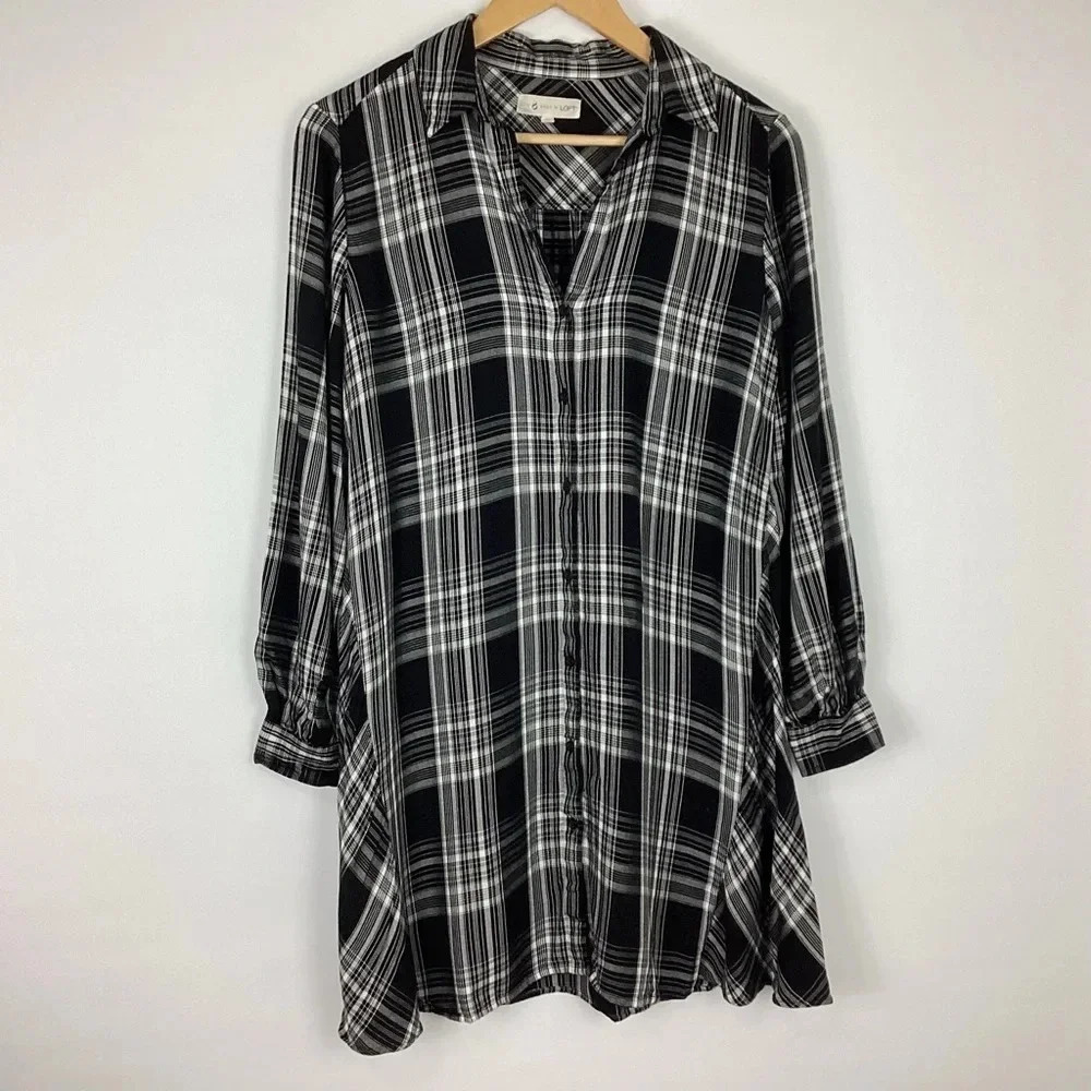 Lou & Grey For Loft Plaid Shirt Dress Size XS Black And White